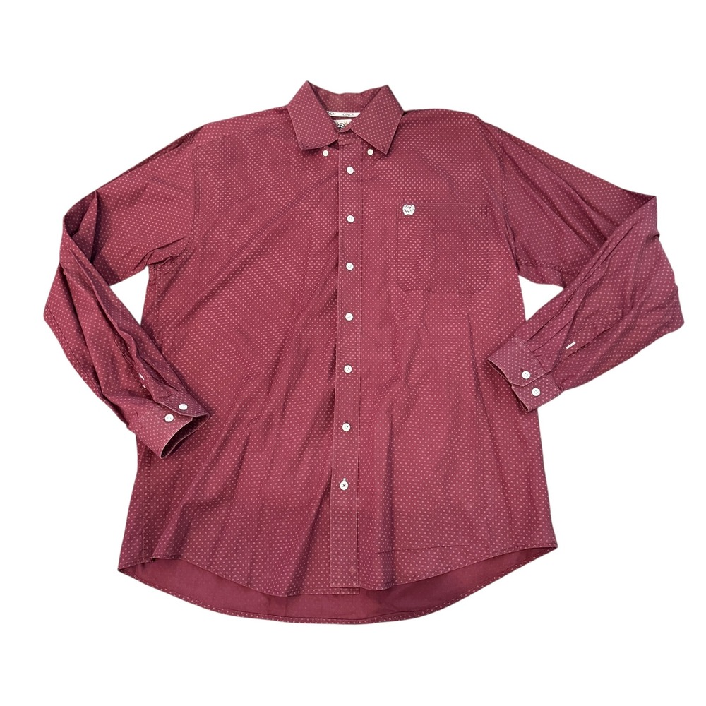 CINCH Mens Medium Burgundy‎ Dot Print Long Sleeve Western Button Down Shirt